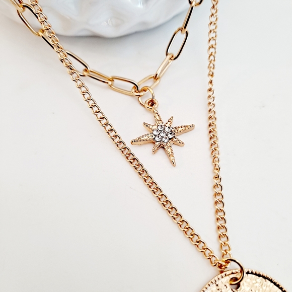 Chunky Gold chain layered boho statement necklace set star pendant charm - Picture 7 of 10